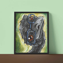 Load image into Gallery viewer, an art print featuring a painting of an emu's face wearing blue eyeglasses.
