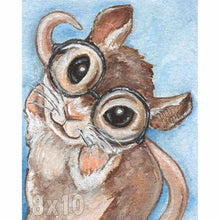 Load image into Gallery viewer, an illustration of a brown and white mouse, wearing big round eyeglasses, against a light blue background. available as an art print
