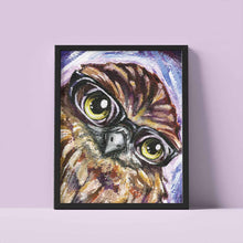Load image into Gallery viewer, an art print featuring an illustration of a boobook owl, wearing black glasses
