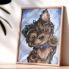 Load image into Gallery viewer, illustration of a baby yorkshire terrier, wearing large round glasses and a blue bow tie.
