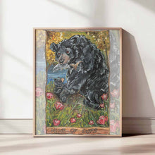 Load image into Gallery viewer, Art print of the nine of cups from the Animism tarot: a black bear holds a fish in her mouth, while her baby bear looks up eagerly. nine wine cup flowers surround them.
