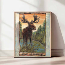 Load image into Gallery viewer,  art print of the nine of Pentacles, from the Animism tarot: a moose stands tall in the Canadian wilderness, surrounded by weeds, reeds and trees against a sunset sky
