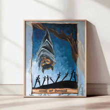 Load image into Gallery viewer, An art print of the Nine of Swords card from the Animism Tarot. It features a flying fox bat hanging from a tree at night, while nine swords stand below.
