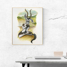 Load image into Gallery viewer, Illustration of oryx sitting upright outside. Legs crossed, palms together, eyes closed. They are calm and relaxed.
