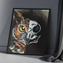 Load image into Gallery viewer, an illustration split into two sides: the left side, an owl's face. the right side, the owl's darker, stylized skull
