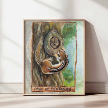 Load image into Gallery viewer, an art print of the page of pentacles, from the animism tarot: a chipmunk circles a knot of a tree - the pentacle
