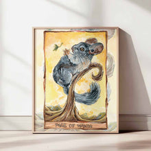 Load image into Gallery viewer,  This art print features the Page of Wands tarot card from the Animism Tarot. A cute chinchilla stands on a curved tree, reaching a paw out to a leaf floating by.

