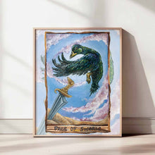 Load image into Gallery viewer, An art print of the Page of Swords card, from the Animism Tarot. A green cayuga duck starts to take flight as purple clouds swirl around it. A single sword stands upright in the corner.
