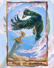 Load image into Gallery viewer, An art print of the Page of Swords card, from the Animism Tarot. A green cayuga duck starts to take flight as purple clouds swirl around it. A single sword stands upright in the corner.
