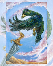 Load image into Gallery viewer, An art print of the Page of Swords card, from the Animism Tarot. A green cayuga duck starts to take flight as purple clouds swirl around it. A single sword stands upright in the corner.
