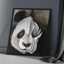 Load image into Gallery viewer, an illustration split into two sides, a pandas face on the left and a creepy panda skull on the right. available as an art print
