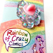 Load image into Gallery viewer, back of glitter pin, with a heart shaped stopper

