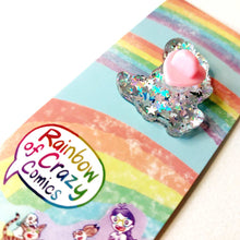 Load image into Gallery viewer, Bakc of the pin, the acrylic full of starry sequens. the back as a heart stopper.

