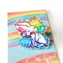 Load image into Gallery viewer, A glittery acrylic pin featuring a character from Rainbow of Crazy Comics: a smiling white rabbit holding a charging cable in her mouth, with the words "SPICY HAY in rainbow colours.
