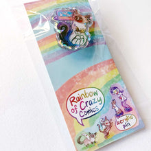 Load image into Gallery viewer, acrylic pin of a smiling ragdoll cat watching birds on a tablet in a rainbow package that says, "Rainbow of Crazy Comics. Acrylic pin."
