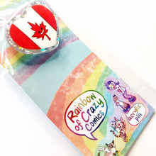 Load image into Gallery viewer, A glittery acrylic pin featuring a character from Rainbow of Crazy Comics: the Canada flag with a stylized maple leaf with happy face. packaging features characters from Rainbow of Crazy Comics
