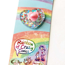 Load image into Gallery viewer, back of the acrylic pin, with a heart stopper.

