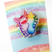 Load image into Gallery viewer, An acrylic pin featuring a character from Rainbow of Crazy Comics: a smiling tabby cat snuggling up to a large water bottle. a small heart appears next to the cat.
