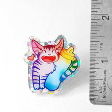 Load image into Gallery viewer, An acrylic pin featuring a character from Rainbow of Crazy Comics: a smiling tabby cat snuggling up to a large water bottle. a small heart appears next to the cat.
