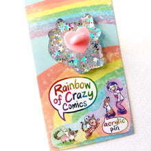 Load image into Gallery viewer, Back of the cat pin, with a heart stopper. Rainbow of Crazy Comics
