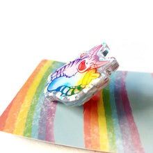 Load image into Gallery viewer, An acrylic pin featuring a character from Rainbow of Crazy Comics: a smiling tabby cat snuggling up to a large water bottle. a small heart appears next to the cat.

