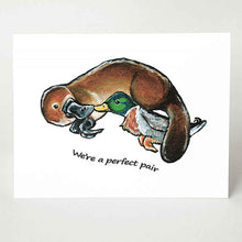 Load image into Gallery viewer, a greeting card printed with art of a platypus cuddling with a mallard duck. the card reads, 'we're a perfect pair'
