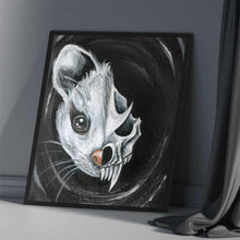 Load image into Gallery viewer, an art print of a possum: the left side shows half of the possum's face, and the right side shows a stylized, dark looking possum skull

