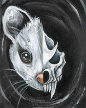 Load image into Gallery viewer, an art print of a possum: the left side shows half of the possum's face, and the right side shows a stylized, dark looking possum skull
