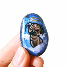 Load image into Gallery viewer, Named "Bug the Pug", a beach rock is painted with dog art of a pug as an angel, available as either a keepsake gift , fridge magnet, or pendant necklace
