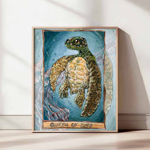 Load image into Gallery viewer, an art print of the queen of cups tarot card, from the animism tarot: a leatherback sea turtle swims in the ocean, while a purple jellyfish swims below.
