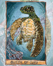 Load image into Gallery viewer, an art print of the queen of cups tarot card, from the animism tarot: a leatherback sea turtle swims in the ocean, while a purple jellyfish swims below.
