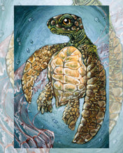 Load image into Gallery viewer, an art print of the queen of cups tarot card, from the animism tarot: a leatherback sea turtle swims in the ocean, while a purple jellyfish swims below.
