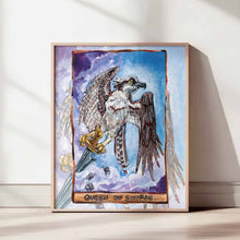 Load image into Gallery viewer, an art print of the queen of swords tarot card, from the animism tarot: an osprey stands on top of a sword, above the clouds, while tiny butterflies fly at her feet
