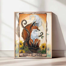Load image into Gallery viewer, the queen of wands, from the animism tarot, available as an art print: a red fox surrounded by sunflowers.
