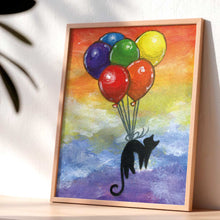 Load image into Gallery viewer, An art print featuring an illustration of a black cat, floating through rainbow coloured skies while tied to 6 balloons, each a separate colour of the rainbow
