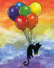 Load image into Gallery viewer, An art print featuring an illustration of a black cat, floating through rainbow coloured skies while tied to 6 balloons, each a separate colour of the rainbow
