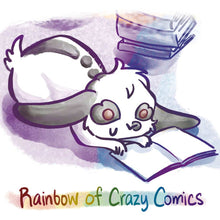 Load image into Gallery viewer, "Rainbow of Crazy Comics" featuring a mini lop rabbit reading a book.


