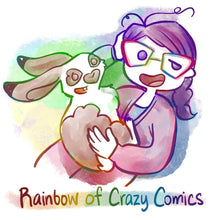 Load image into Gallery viewer, "Rainbow of Crazy Comics" featuring an English spot rabbit on Jo's lap.
