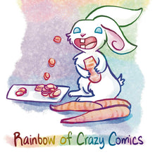 Load image into Gallery viewer, "Rainbow of Crazy Comics" featuring a white rabbit chopping carrots by biting them with her teeth.
