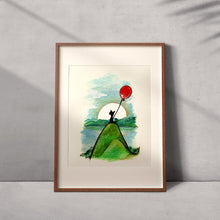 Load image into Gallery viewer, an art print, featuring an illustration of a black cat, with a red balloon, sitting on a tall hill in front of a landscape of hills, water, and the sun

