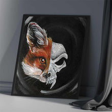 Load image into Gallery viewer, An art print split in half: the left side shows one side of a red fox's face, and the right side shows a stylized evil looking fox skull
