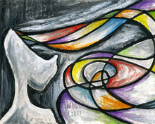 Load image into Gallery viewer, An abstract art print featuring a surrealist interpretation of anxiety, with swirling colorful lines and a figure in black and white.
