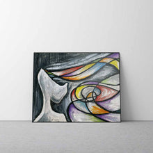 Load image into Gallery viewer, An abstract art print featuring a surrealist interpretation of anxiety, with swirling colorful lines and a figure in black and white.
