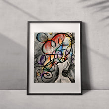 Load image into Gallery viewer, A surrealist art print on mental health, titled "Secret Anxiety", with a person's head opening up to crazy swirls of lines and rainbow colours taking over the entire image.

