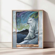 Load image into Gallery viewer, art print of the seven of cups tarot card, from the animism tarot. a polar bear sits on the edge of the ice, looking over dark waters. the sky is filled with the Northern lights.
