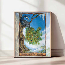 Load image into Gallery viewer, an art print of the seven of Pentacles tarot card, from the animism tarot: a peacock rests high up in a tree, watching the cold winter snow melt away, making way for the upcoming spring.
