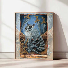 Load image into Gallery viewer, art print of the seven of swords tarot card from the animism tarot, featuring an illustration of a raccon about to pick up several swords while looking over its shoulder.
