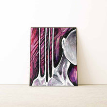 Load image into Gallery viewer, An abstract illustration art print depicting a melting and stretching shoulder, primarily in black, grey, and pink hues, representing chronic pain.
