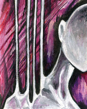 Load image into Gallery viewer, An abstract illustration art print depicting a melting and stretching shoulder, primarily in black, grey, and pink hues, representing chronic pain.

