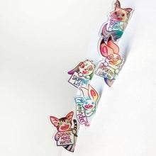 Load image into Gallery viewer, Five acrylic magnets featuring characters from Rainbow of Crazy Comics. 1) A cat with a sign "DON'T FORGET". 2) A rabbit with a sign "IMPORTANT: I LOVE YOU". 3) A rabbit with a sign "SHOPPING LIST". 4) A rabbit with a sign "REMINDER". 5) A cat holding a sign "DRINK MORE WATER." The magnets stand perpendicular to the magnetic surface, making it look like the characters are peeking out at you.
